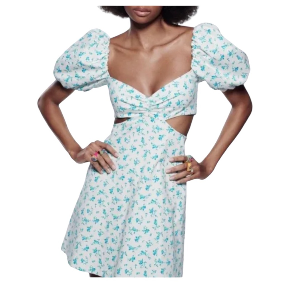 Zara TRF Blue White Floral Cut Out Waist Mini SunDress with Puff Sleeves NWT. XS